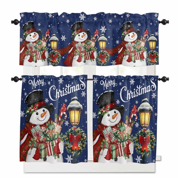 Christmas Snowman Kitchen Curtains and Valances Set, Xmas Box Winter Wreaths Lights Navy Blue Rod Pocket Window Valance Window Curtain Panels for Living Room Bedroom Laundry, 27.5x36in, 3 Pieces