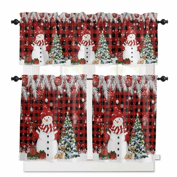 Christmas Snowman Kitchen Curtains and Valances Set, Xmas Tree Ball Winter Fir Leaf Elk Red Plaid Rod Pocket Window Valance Window Curtain Panels for Living Room Bedroom Laundry, 27.5x24in, 3 Pieces
