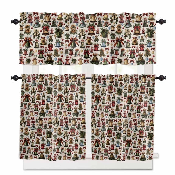 Christmas Snowman Kitchen Curtains Valances and Tiers Set of 3 Spruce Leaves Bell Balls Bells Beige Linen Tier Curtains and Valance Rod Pocket Valance Curtains Set for Windows 27.5"W x 24"L