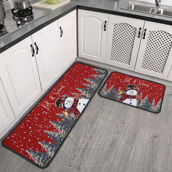 Christmas Snowman Kitchen Rug Set Of 2, Non-Slip Washable Buffalo Plaid Floor Mats, Crystal Velvet, 47x17in and 30x17in