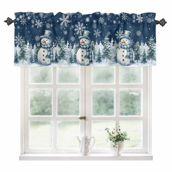 Christmas Snowman Kitchen Valances for Windows 42x18 Inch Kitchen Curtains Valances Rod Pocket Xmas Trees Navy Blue Snowflake Bathroom Window Valances for Window Treatment Decor