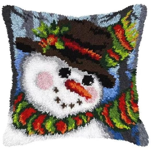 Christmas Snowman Latch Hook Cushion Kits for Adults 17X17Inch, Snowman Latch Hook Pillow Case Kits Embroidery Kits 43X43CM, DIY Needlework Pillow Cover Cushion Rug Making Kit, DIY Craft Kit for Women