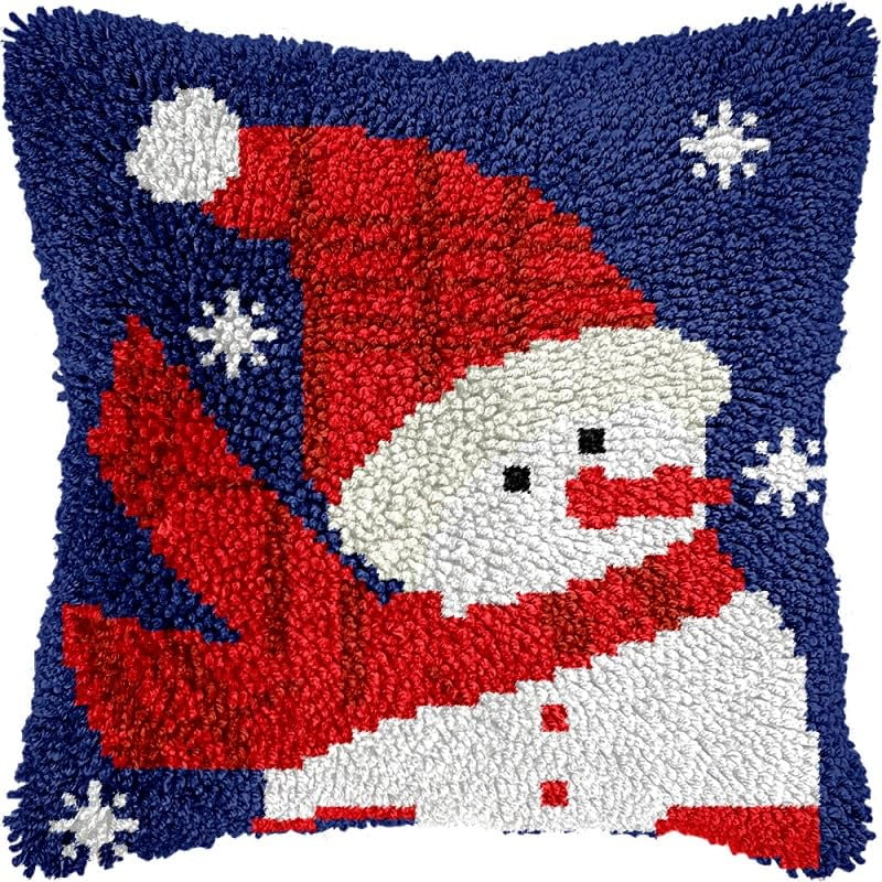 Christmas Snowman Latch Hook Pillow Kits Pillow Cover with Pattern Printed Canvas Sofa Hooking Pillowcase Cushion Crafts Embroidery Latch Hooking Crochet Starter Kits 17x17 inch(2)