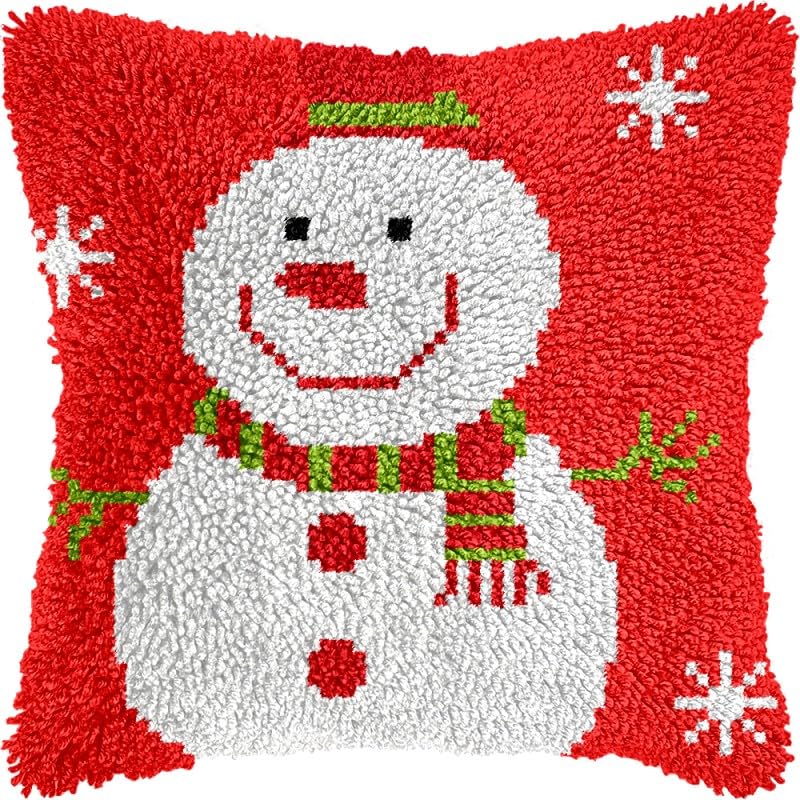 Christmas Snowman Latch Hook Pillow Kits Pillow Cover with Pattern Printed Canvas Sofa Hooking Pillowcase Cushion Crafts Embroidery Latch Hooking Crochet Starter Kits 17x17 inch(3)