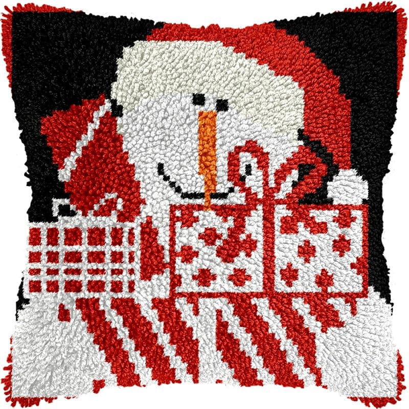 Christmas Snowman Latch Hook Pillows Kits Cushion Pillow Cover with Pattern Printed Canvas Sofa Hooking Pillowcase Crafts Embroidery Latch Hooking Crochet Kits Set 17x17 inch(1)