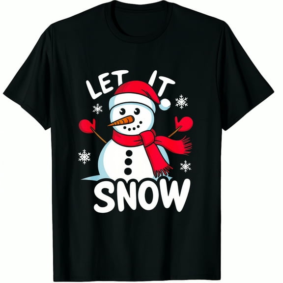 Christmas Snowman Let It Snow Holiday Pattern Black Graphic T-Shirt for Men and Women