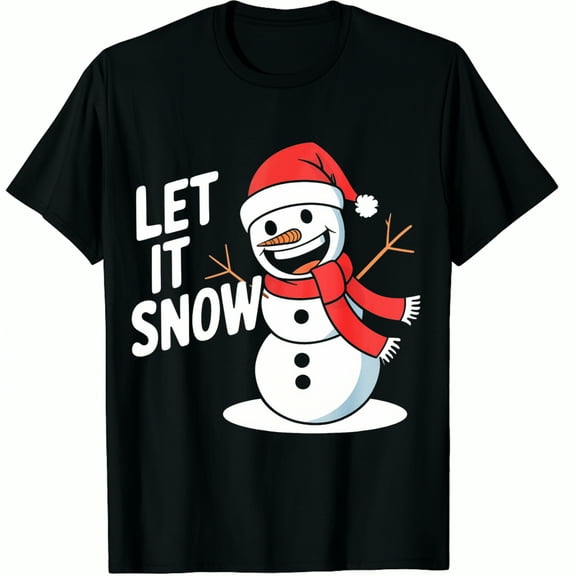 Christmas Snowman Let It Snow Print Black Graphic T-Shirt for Men and Women