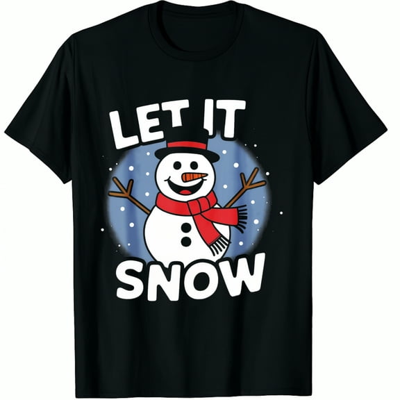Christmas Snowman Let It Snow Print Holiday Party Wear Black Graphic T-Shirt for Men and Women
