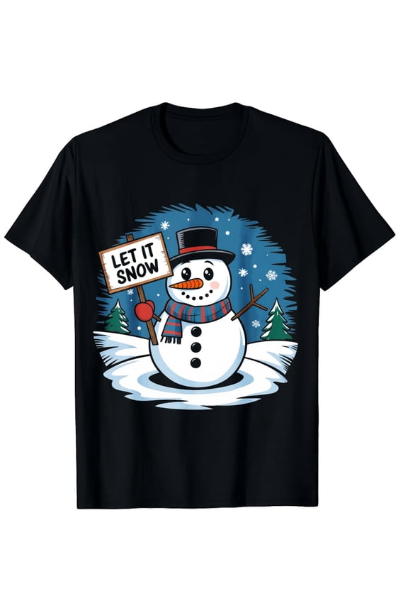 Christmas Snowman Let It Snow Snowflake Pattern Winter Holiday Party Wear Black Graphic T-Shirt for Men and Women Tops Tee
