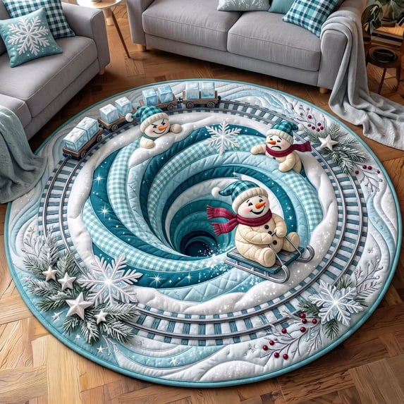 Christmas Snowman Library 3D Rug, Round Holiday Floor Mat, Festive Quilt-Style Rug with Three Gnomes, Christmas Tree and Holly Border, Nonslip Mat for Cozy Holiday Home Deco