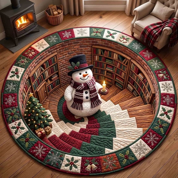 Christmas Snowman Library 3D Rug, Round Holiday Floor Mat, Festive Quilt-Style Rug with Three Gnomes, Christmas Tree and Holly Border, Nonslip Mat for Cozy Holiday Home Deco