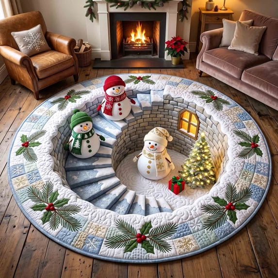 Christmas Snowman Library 3D Rug, Round Holiday Floor Mat, Festive Quilt-Style Rug with Three Gnomes, Christmas Tree and Holly Border, Nonslip Mat for Cozy Holiday Home Deco