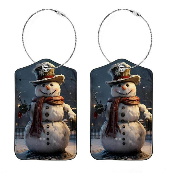 Christmas Snowman Luggage Tag, Travel Tags, Handbag Tag - Square PU Leather 2 Pack with Privacy Cover and Stainless Steel Ring - Suitable for Travel, Backpack, Handbag [Amazon Approved]