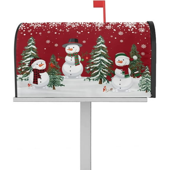 Christmas Snowman Mailbox Cover Red Magnetic Mailbox Wraps, Xmas Tree Winter Snowflake Mailbox Covers Large Size 21x25.5 Inch Mail Wrap Post Letter Box Christmas Decoration for Outdoor Gardern Yard