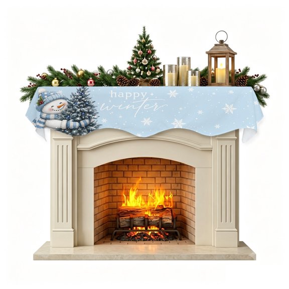 Christmas Snowman Mantel Scarf Fireplace Decorations for Living Room, Funny Xmas Tree Snowflake Ice Blue Fireplace Mantel Scarf Cover Runner for Halloween/Thanksgiving/Christmas Decor 60"x17"