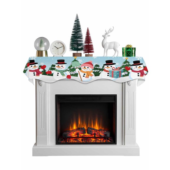 Christmas Snowman Mantel Scarf Fireplace Decorations for Living Room, Teal Blue Xmas Tree Winter Snowflakes Fireplace Mantel Scarf Cover Runner for Halloween/Thanksgiving/Christmas Decor 90"x17"