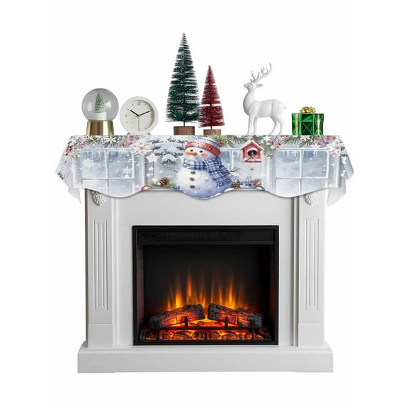 Christmas Snowman Mantel Scarf Fireplace Decorations for Living Room, Winter Xmas Tree Berries Snowflakes Fireplace Mantel Scarf Cover Runner for Halloween/Thanksgiving/Christmas Decor 70"x17"