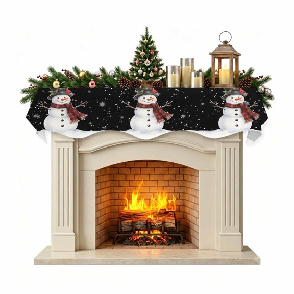 Christmas Snowman Mantel Scarf Fireplace Decorations for Living Room, Xmas Snowflakes Cardinal Birds Plaid Black Fireplace Mantel Scarf Cover Runner for Halloween/Thanksgiving/Christmas Decor 60"x17"
