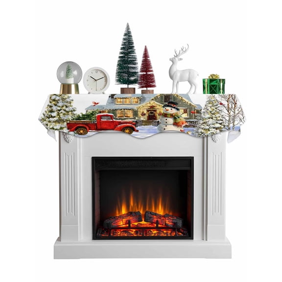 Christmas Snowman Mantel Scarf Fireplace Decorations for Living Room, Xmas Tree Truck Farmhouse Snowflake Fireplace Mantel Scarf Cover Runner for Halloween/Thanksgiving/Christmas Decor 60"x17"