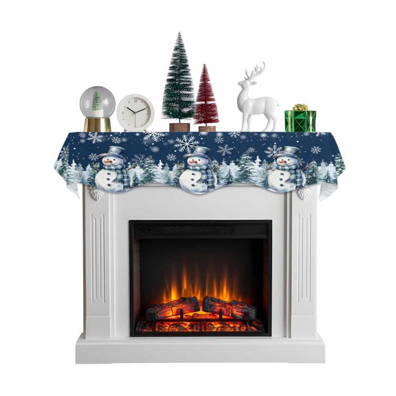 Christmas Snowman Mantel Scarf Fireplace Decorations for Living Room, Xmas Trees Navy Blue Snowflake Fireplace Mantel Scarf Cover Runner for Halloween/Thanksgiving/Christmas Decor 60"x17"