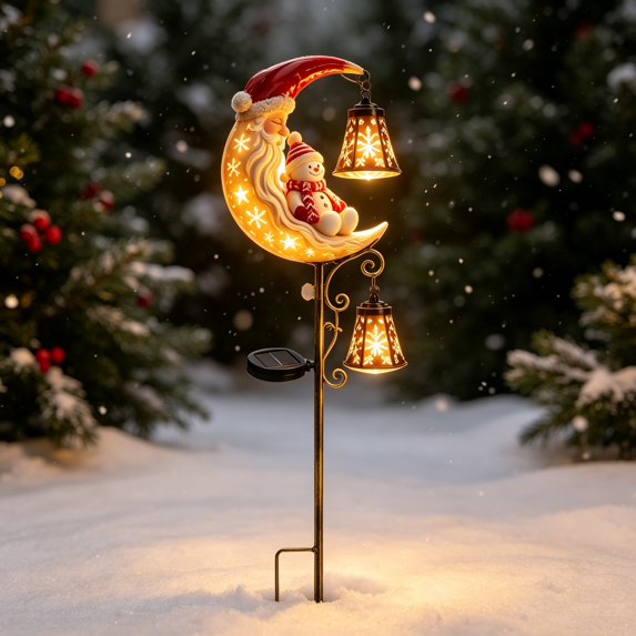Christmas Snowman Moon Solar Stake Lights 33.5in Garden Lawn Waterproof Metal Decorative Lights, Outdoor Hanging Lantern for Backyard Lawn Patio