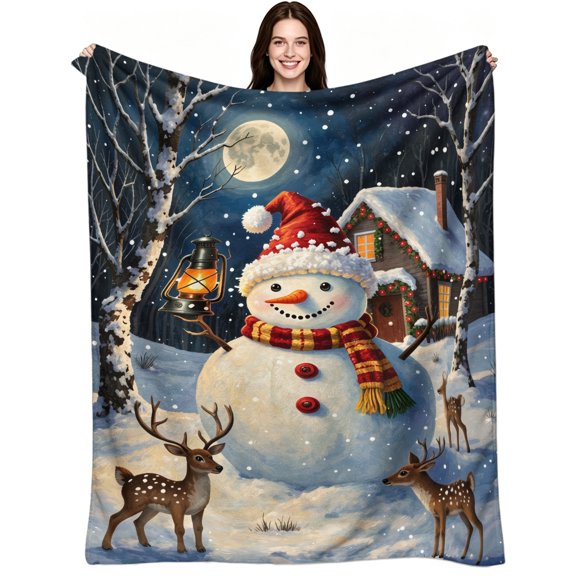 Christmas Snowman Moon Winter Deer Holiday Scenery Flannel Blanket, Rustic Cozy Warm Festive Winter Cabin Flannel Throw Blanket, Soft Comfortable Aesthetic