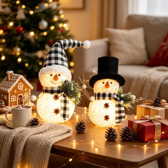 Christmas Snowman Night Light for Indoor Home Decor, Buffalo Plaid LED Figurine with Pine Accents, Holiday Bedroom Living Room Tabletop Decoration 14.6 Inch