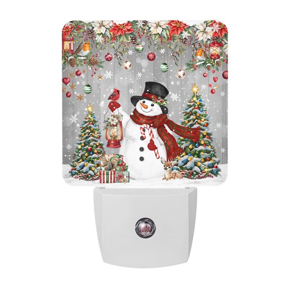 Christmas Snowman Night Lights, Xmas Tree Poinsettia Balls Gray Wood Grain Smart Auto Dusk to Dawn Sensor Nightlights Plug-in Nightlight for Bedroom Bathroom Living Room Kitchen Hallway
