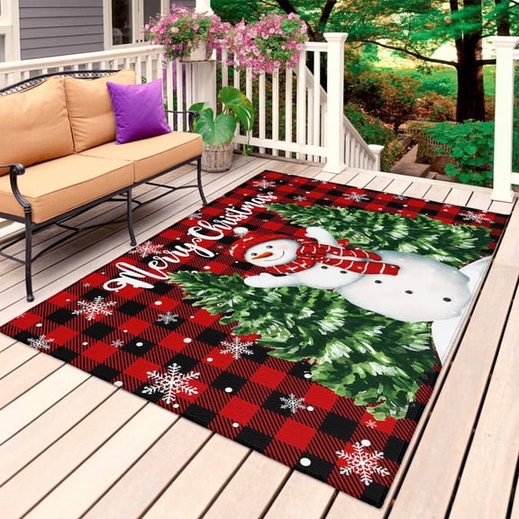 Christmas Snowman Outdoor Rug 3x5 Ft, Non Slip Washable Area Rug, Winter Xmas Trees Red Black Plaid Snow Patio Rugs Carpet Runner, Large Floor Mat for Indoor/Outdoor Deck Porch Camping