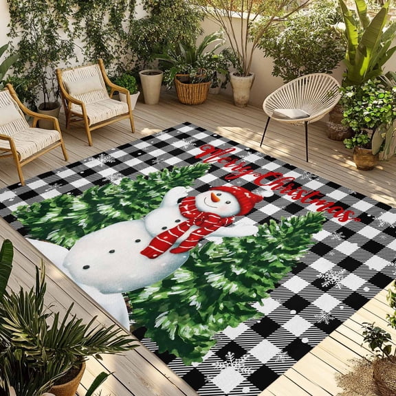 Christmas Snowman Outdoor Rug 3x5 Ft - Reversible Patio Rug Outdoor Camping Rugs, Xmas Tree Black White Checkered Snowflake Indoor Outdoor Area Rugs, Non-Slip Outdoor Carpet Runner for Deck/Porch