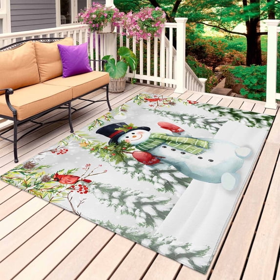Christmas Snowman Outdoor Rug 5x7 Ft, Non Slip Washable Area Rug, Winter Xmas Tree Red Birds Snowflakes Patio Rugs Carpet Runner, Large Floor Mat for Indoor/Outdoor Deck Porch Camping