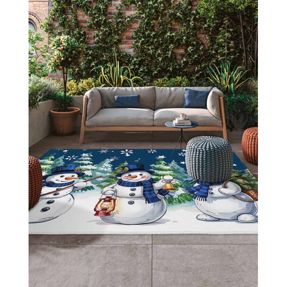 Christmas Snowman Outdoor Rug, Winter Pine Snowflakes Blue Retro Art ...