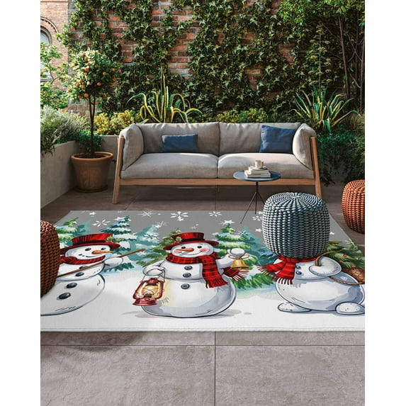 Christmas Snowman Outdoor Rug, Winter Pine Snowflakes Grey Retro Art ...