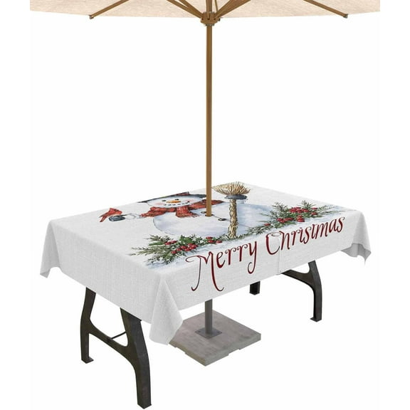Christmas Snowman Outdoor Tablecloth - 60x120 Inch Rectangle Dining Table Cover, Xmas Botanical Berry Snowflake Rustic Waterproof Outdoor Table Cloth with Umbrella Hole & Zipper for Picnic