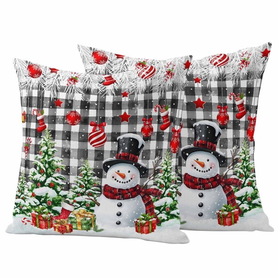 Christmas Snowman Outdoor Waterproof Pillow Covers, Xmas Balls Stocking Tree Gifts Black Plaid Decorative Square Throw Pillowcase Sofa Cushion Sham for Patio/Couch/Chair, 16"x16" 2 Pack