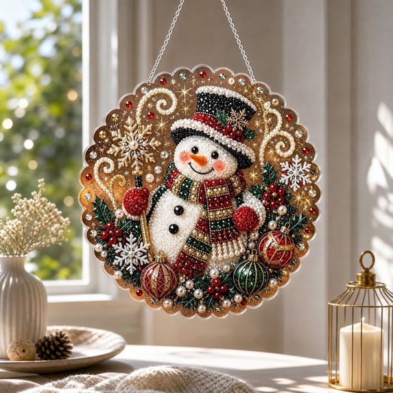 Christmas Snowman Pearl Diamond Art Suncatcher Kit,Diy Rhinestone Adiy Rhinestone Painting Beginner Craft,Xmas Hanging Ornament for Wall Tree Window