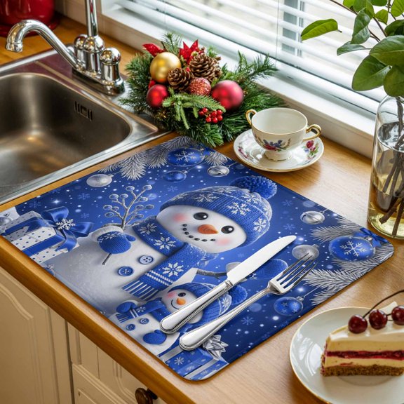 Christmas Snowman Pine Needle Blue 1 Pack Dish Drying Mat,Absorbent Drying Pad Baubles Gifts Snowflake Microfiber Kitchen Countertop Protector Mats Dish Drainer Rack Mat for Cups Glassware,16x18in