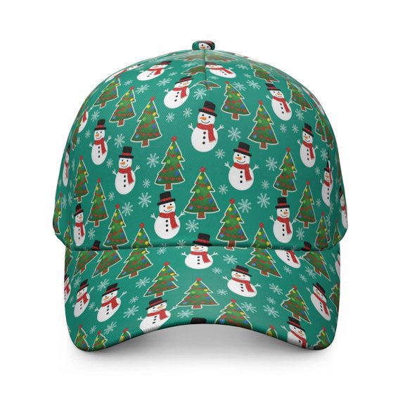 Christmas Snowman Pine Tree Pattern Baseball Cap, Outdoor Travel Cap with Snap Closure & Sweatband, Lightweight Shape Retaining Gifts for Unisex Men Women