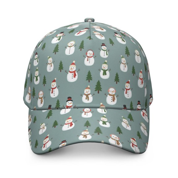 Christmas Snowman Pine Tree Pattern Baseball Cap, Outdoor Travel Cap with Snap Closure & Sweatband, Rigid Flat Brim Gifts for Sports Outdoor Travel