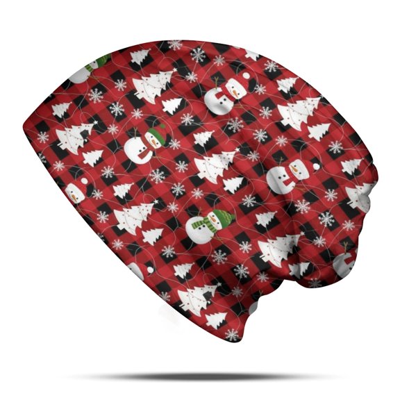 Christmas Snowman Pine Tree Pattern Slouchy Beanie Hat, Casual Daily Hat with Stretchy Fabric & Soft Texture, Lightweight Flexible Gifts for Home Daily Outdoor