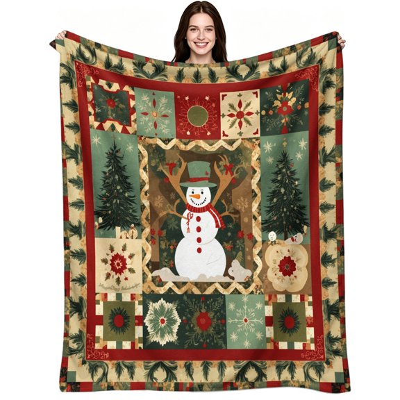 Christmas Snowman Pine Tree Quilt Pattern, Soft Warm Flannel Fleece, Vintage Rustic Farmhouse, Throw Blanket, Cozy Warm, Home Decor, Couch Sofa Bed Home