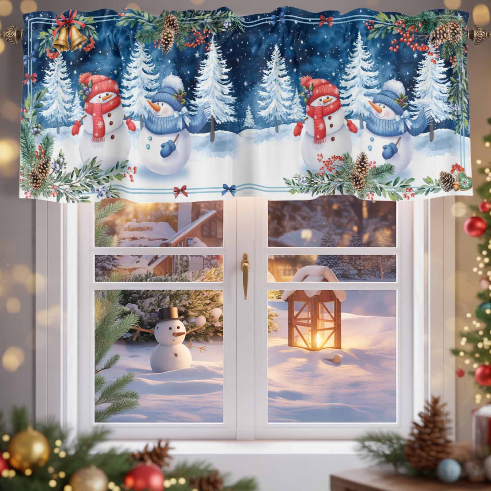 Christmas Snowman Pine Tree Valances for Windows,Kitchen Valance Rod ...