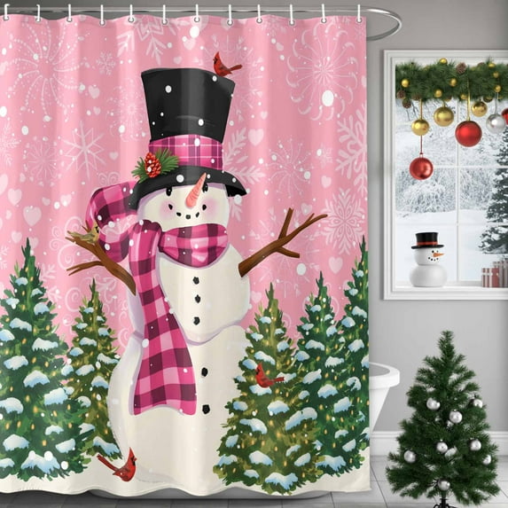 Christmas Snowman Pine Trees on Pink Shower Curtain for Bathroom, Winter Snowy Waterproof Shower Curtains Washable Quick Dry with Hooks Bathtub Curtains 36x72IN