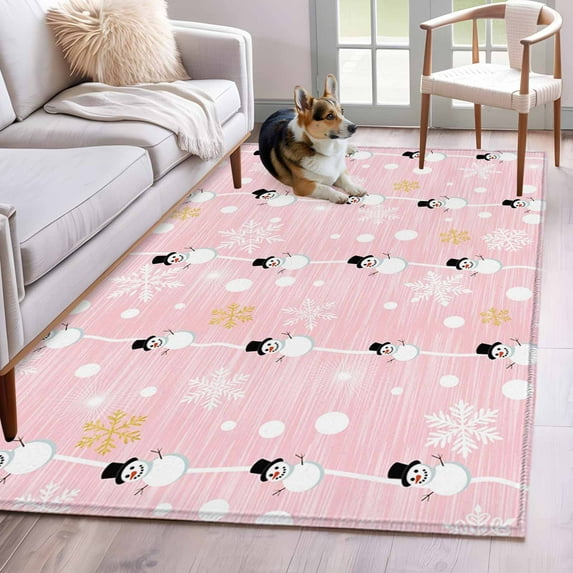 Christmas Snowman Pink Area Rug 4x6 Washable Rug Non Slip Winter Snowflakes Xmas Retro Large Area Rug Indoor Floor Carpet for Entryway Bedroom Kitchen Living Room Home Office Dining Room Nursery