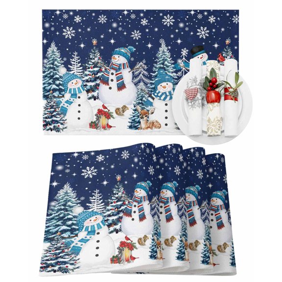 Christmas Snowman Placemats Set of 1 Cute Snowman Xmas Trees Snowflakes Navy Blue Heat Insulation Washable Place Mats, Rustic Non-Slip Table Mats for Dining Table Party Kitchen Decor,13x19 Inch