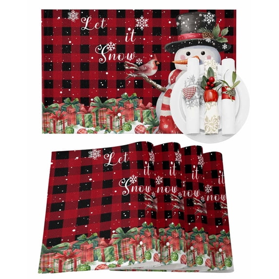 Christmas Snowman Placemats Set of 1 Snowflake Gift Bird Winter Red Plaid Heat Insulation Washable Place Mats, Rustic Non-Slip Table Mats for Dining Table Party Kitchen Decor,13x19 Inch