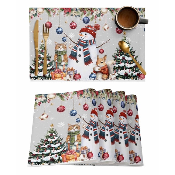 Christmas Snowman Placemats Set of 1 Squirrel Cat Xmas Tree Ball Gray Winter Heat Insulation Washable Place Mats, Rustic Non-Slip Table Mats for Dining Table Party Kitchen Decor,13x19 Inch