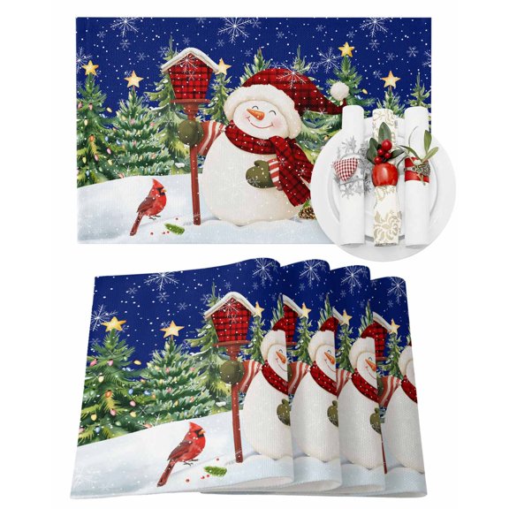 Christmas Snowman Placemats Set of 1 Xmas Tree Forest Snowflake Winter Navy Blue Heat Insulation Washable Place Mats, Rustic Non-Slip Table Mats for Dining Table Party Kitchen Decor,13x19 Inch