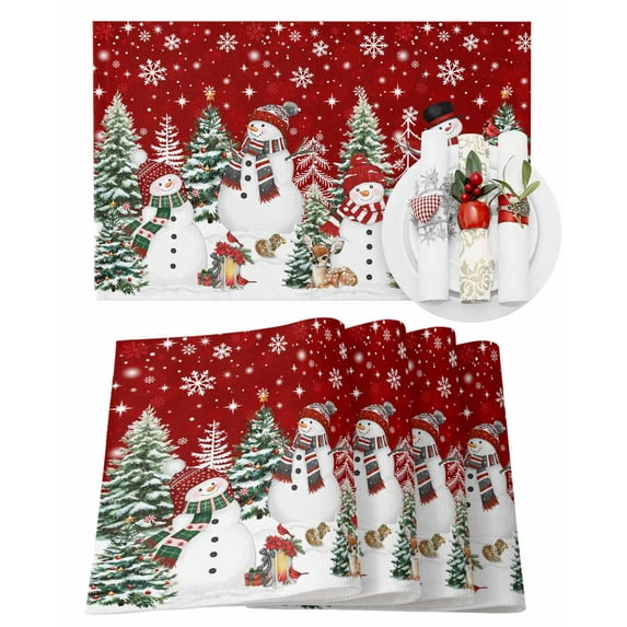 Christmas Snowman Placemats Set of 2 Cute Snowman Xmas Trees Snowflakes Red Heat Insulation Washable Place Mats, Rustic Non-Slip Table Mats for Dining Table Party Kitchen Decor,13x19 Inch