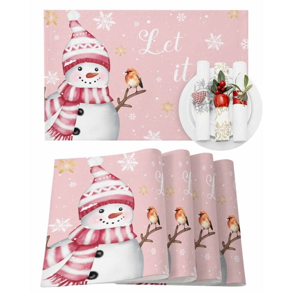 Christmas Snowman Placemats Set of 2 White Gold Snowflake Branch Bird Pink Heat Insulation Washable Place Mats, Rustic Non-Slip Table Mats for Dining Table Party Kitchen Decor,13x19 Inch